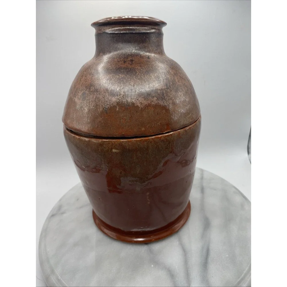 Studio Pottery Artisan Lidded Jar Brown Bronze Metallic Glaze 9.5 In Handcrafted